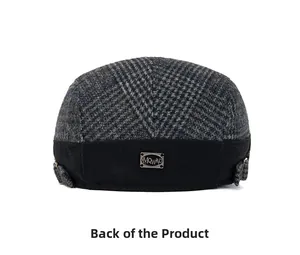 Rear view of plaid wool flat cap with metal logo plate and adjustable strap