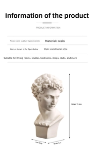 Detailed dimensions of David resin sculpture bust showing height of 15.5cm and width of 7cm