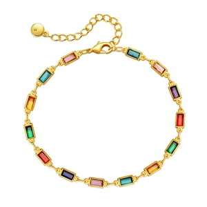 Handmade 18K Gold Plated Copper Bracelet With Multicolor Rectangular Rhinestone Rainbow Chain Niche Design Jewelry For Women Gift