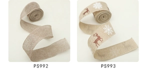 Detail of natural jute ribbons featuring plain finish and reindeer snowflake prints