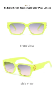 Detail view of neon green square sunglasses with golden diamond metal accents on the temple