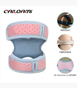 Détails de la genouillère rose et bleue avec sangles de compression et tissu respirant