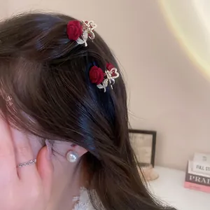 Flocked Rose Flower Hair Clips Alloy Rhinestone Heart Cutout Vintage Hair Accessories For Women Girls Romantic Elegant