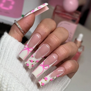 Pink Bow Press On Nails Rose Floral Pattern Long Coffin Shape French Tip Lace Design Sweet Style For Women