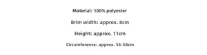 Size chart for western cowboy hat with 8cm brim and 11cm height in polyester fabric