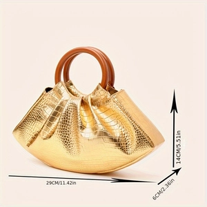 Detailed size chart showing dimensions of the gold faux crocodile pleated evening handbag