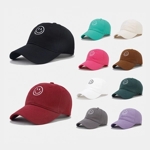 Cotton Baseball Cap Smile Face Embroidery Adjustable Peaked Hat Casual Soft Top Sunshade For Men Women Vintage Style