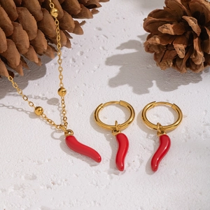 Red Chili Pepper Jewelry Set Stainless Steel Enamel 18K Gold Plated Necklace And Earrings For Women