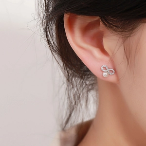 Elegant infinity symbol stud earrings with white pearl and pave crystals for women