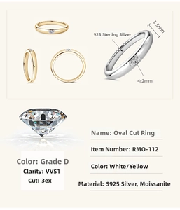Detailed view of D color VVS1 moissanite oval cut S925 silver rings with specifications