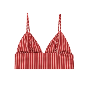Women's red and white vertical striped camisole top with thin straps on white background