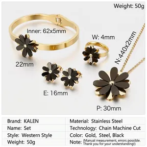 Detailed view of 4-piece daisy jewelry set with gold stainless steel and black petals