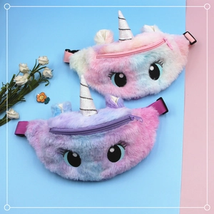 Rainbow unicorn plush waist bag for girls with glitter horn and adjustable strap