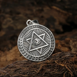 Silver stainless steel masonic pendant featuring all-seeing eye and hexagram star