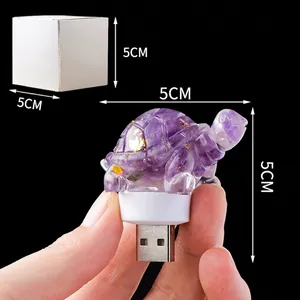 Purple crystal turtle night light with gold foil and USB connector, 5cm bedside decor