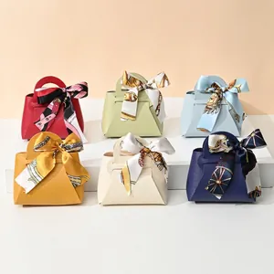European leather wedding gift bags with decorative silk scarves in various colors