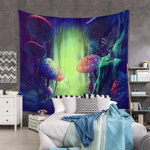 Detail of bohemian mushroom forest tapestry with vibrant neon lights and butterfly accents