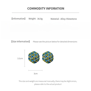 Detailed size and weight specs for vintage alloy rhinestone earrings in gold, blue and green