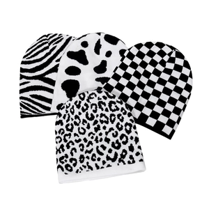 Checkerboard Leopard Zebra Print Knit Beanie Hat Winter Warm Acrylic Windproof Streetwear Men Women