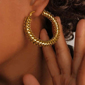 Thick 18K gold plated hollow hoop earrings with textured woven chain link design for women