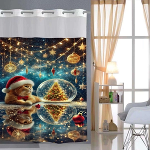 Detail of Christmas shower curtain with ginger cat and festive lights hanging by metal rings