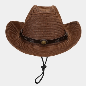 Detail of western straw hat featuring dark brown weave and metallic sun buckle band