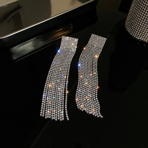 Detailed view of silver-tone tassel earrings with cascading crystal fringe on a dark surface
