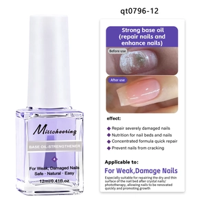 Detail of 12ml nail strengthener bottle with before and after results for damaged nails