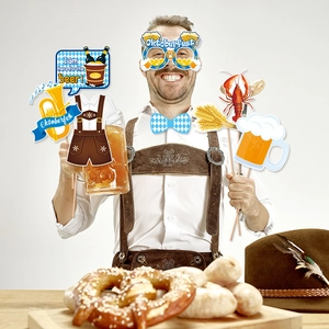 German Oktoberfest photo booth props kit with funny beer glasses and party signs