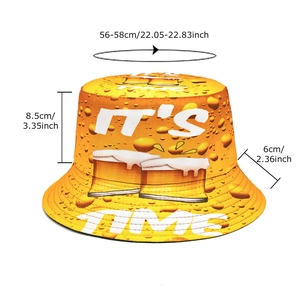 Fashionable beer print bucket hat in yellow with its time text and sun protection style