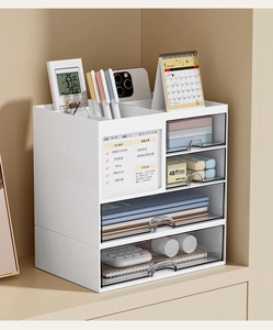 Detail of white desktop organizer with transparent drawers and a memo whiteboard
