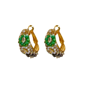 Vintage style round glass hoop earrings with gold-tone metal and crystal beads