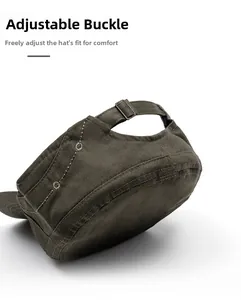 Detail of adjustable metal buckle on dark olive cotton flat top army cap for men