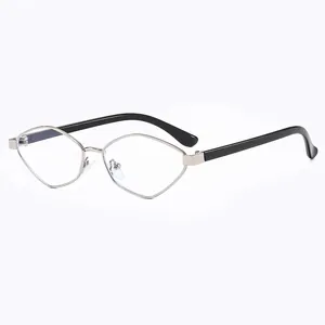 Retro polygon metal sunglasses with silver frame and black temples on white background