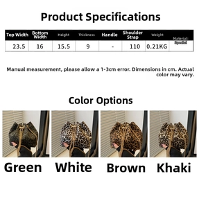 Detailed size chart for leopard bucket bag with strap length and dimensions