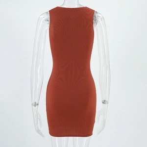 Back view detail of slim fit sleeveless orange ribbed knit dress with round neck