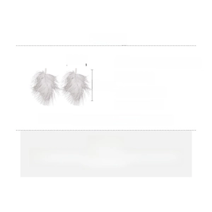 Detail view of feather tassel earrings with zircon accents and silver needle size specs
