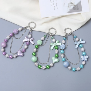 Handmade Beaded Bowknot Heart Keychain For Women Fashion Bag Pendant Phone Lanyard With Rhinestone Artificial Pearl Alloy Chain