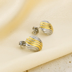 Minimalist vertical hollow stainless steel studs with wavy texture in gold and silver