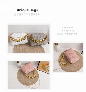 Detailed views of quilted crossbody bags in white, grey, and pink with gold chain handles