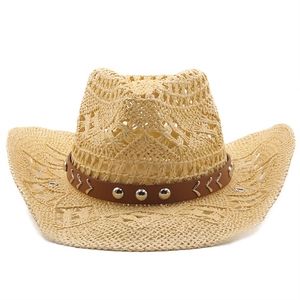 Chapeau De Cowboy Occidental En Paille Tressée Évidée À Bord Large Protection Solaire Respirant Avec Bande En Similicuir Rivetée