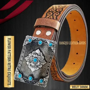 Cintura vintage in pelle marrone da donna con fibbia turchese 38mm e motivi etnici