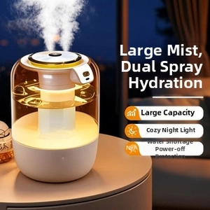 Close-up of USB desktop humidifier with dual mist spray nozzles and warm night light