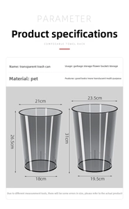 Detailed size specifications for clear PET waste bin in small and large dimensions