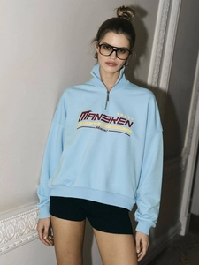 Women Sweatshirt Cotton Half Zip Letter Print Loose Casual Y2K Style Lapel Long Sleeve Pullover Tops