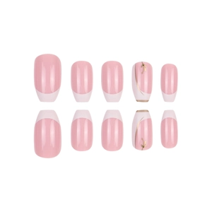 Pink and white French press-on nails with elegant gold floral accents and glossy finish