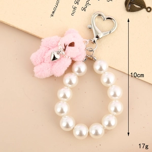 Plush pink bear keychain with pearl chain and silver heart lobster clasp, 10cm length