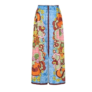 Retro blue floral print maxi skirt with high elastic waist and front slit design