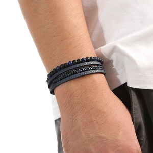 Handmade multilayer leather bracelet with lapis lazuli and obsidian beads for men