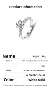 Detailed specifications of S925 silver 1 carat moissanite ring with six-prong setting